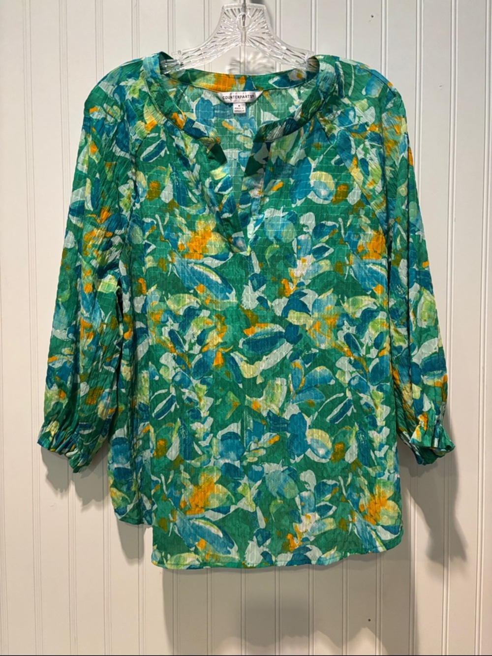Counterparts Teal Green & Blue Floral Split-Neck Blouse Size M